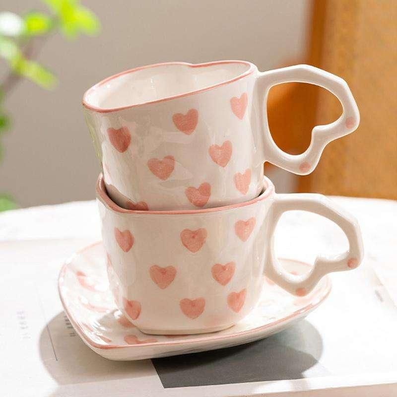 home creative Valentine's Day cup Heart-shaped ceramic coffee cup set Romantic Valentine's Day pink love ceramic coffee cup set