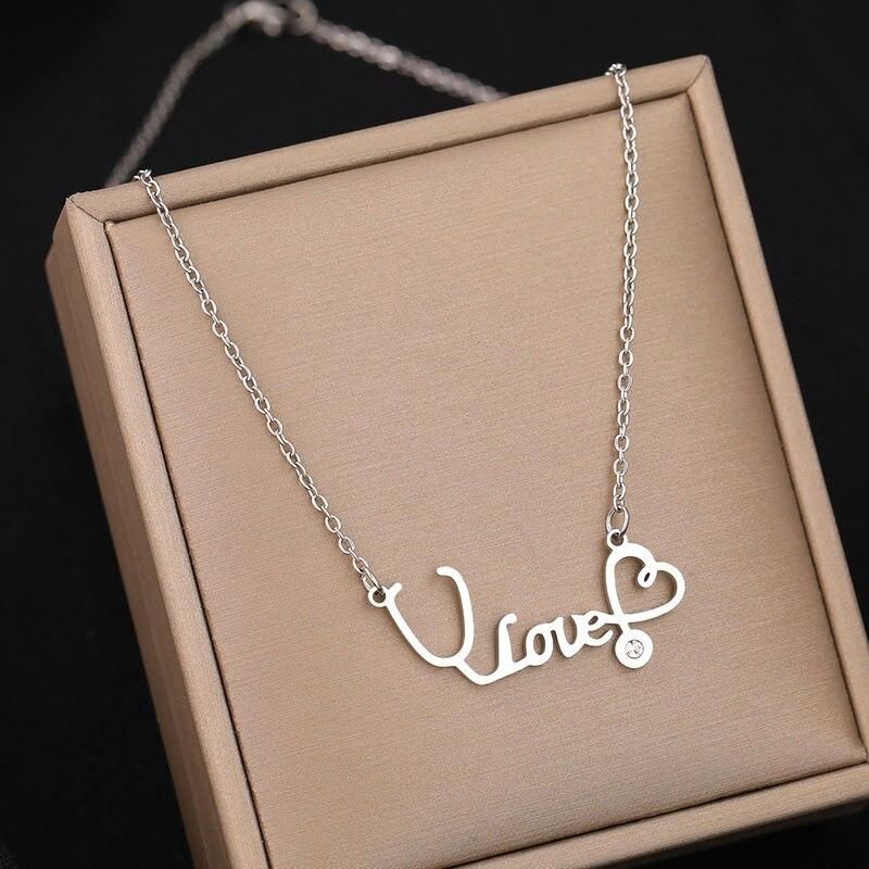 Stainless Steel Necklaces New Design Stethoscope Love Crystal Zircon Pendant High-end Sense Chain Necklace For Women Jewelry