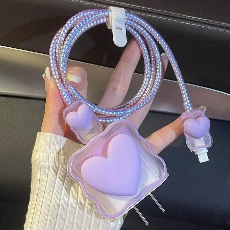 3D Love Heart Charger Protector Cable Organiser for IPhone 15 14 13 Pro Max 18W 20W Type C Data Cable Management Cord Winder Kit