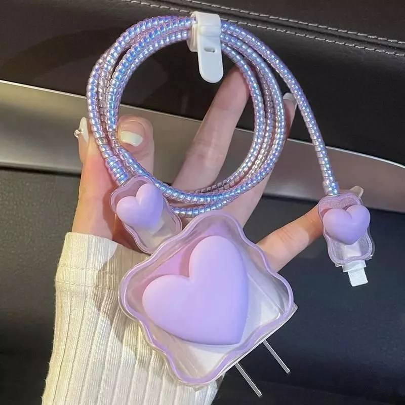 3D Love Heart Charger Protector Cable Organiser for IPhone 15 14 13 Pro Max 18W 20W Type C Data Cable Management Cord Winder Kit