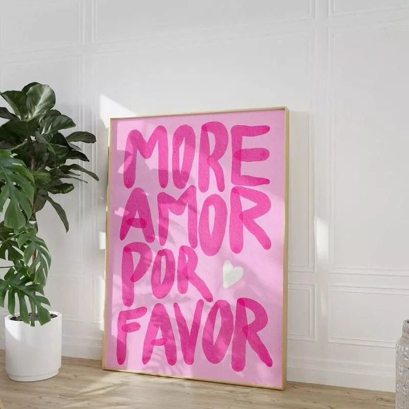 Maximalist More Amor Por Favor Poster Colorful Eclectic Pink Love Quote Wall Art Canvas Painting For Living Room Home Decor