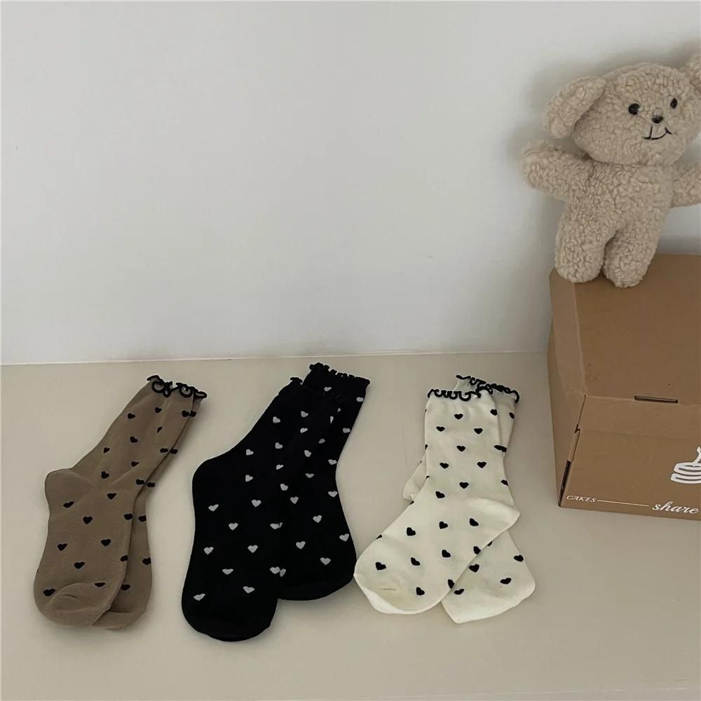 New Heart Print Socks Women Lolita Sweet Girls Kawaii Cute Ruffles Socks Japanese Style Autumn Winter Vintage Cotton Long Socks