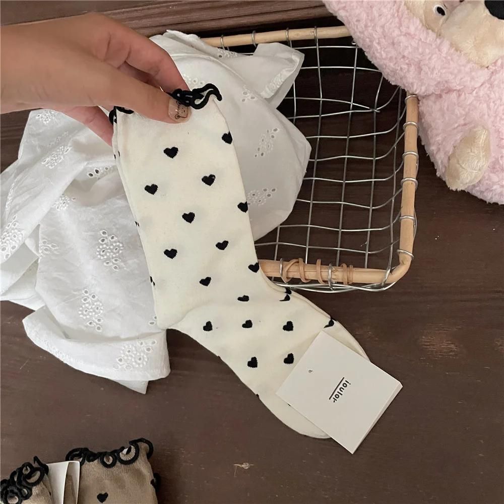 New Heart Print Socks Women Lolita Sweet Girls Kawaii Cute Ruffles Socks Japanese Style Autumn Winter Vintage Cotton Long Socks