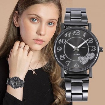 Luxury Heart Rhinestone Black Quartz Women's Watch