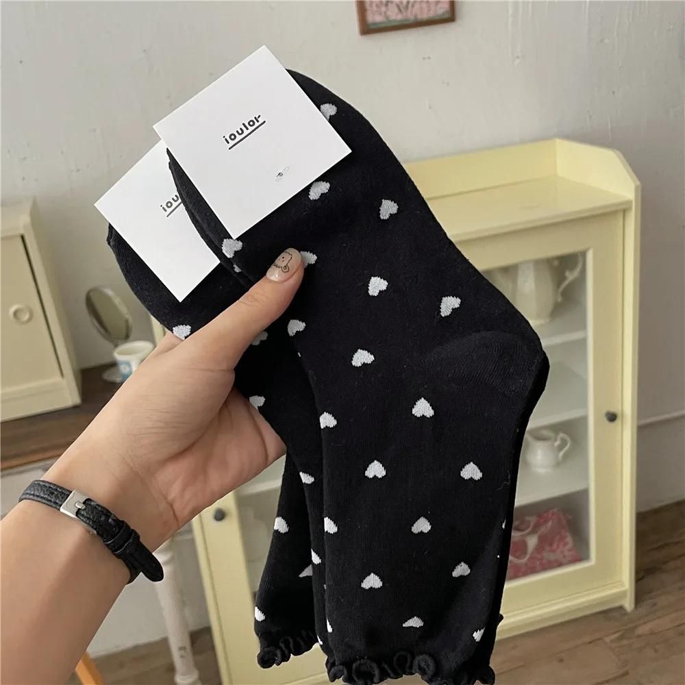 New Heart Print Socks Women Lolita Sweet Girls Kawaii Cute Ruffles Socks Japanese Style Autumn Winter Vintage Cotton Long Socks