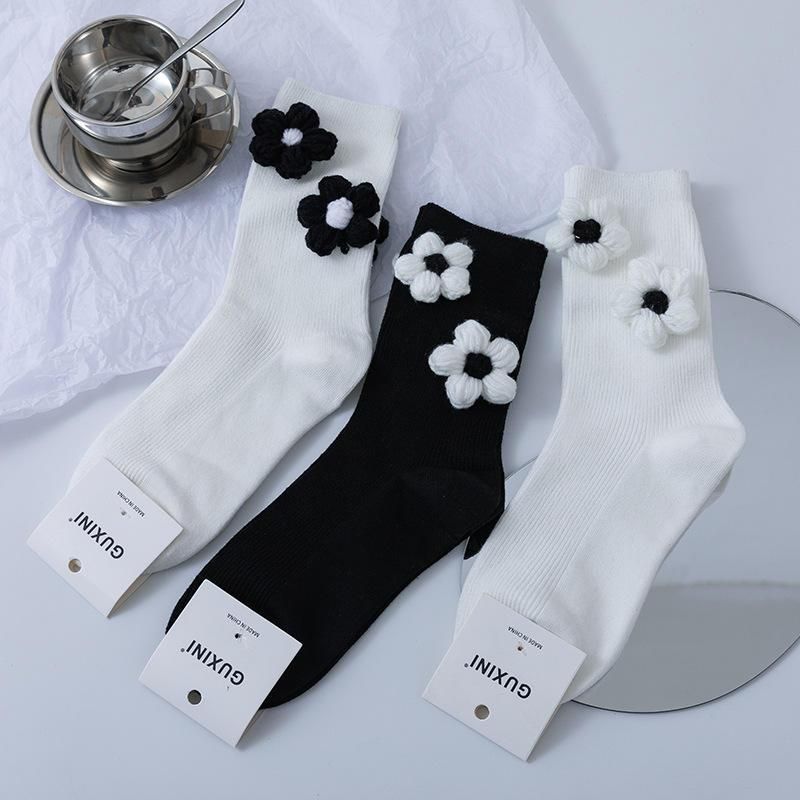 Black and White Socks Women All Cotton Socks Knit Flowers Sweet INS Stereo Handmade Socks Long Socks