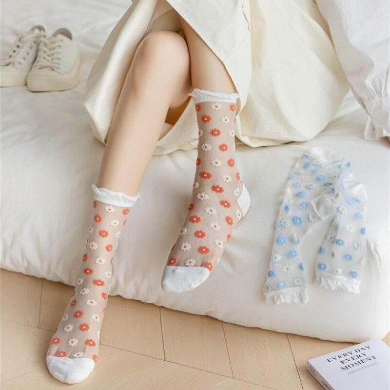 Japanese Korean Floral Print Women Socks Summer Ultra-thin Transparent Crystal Silk Socks Harajuku Retro Girls Kawaii Cute Socks