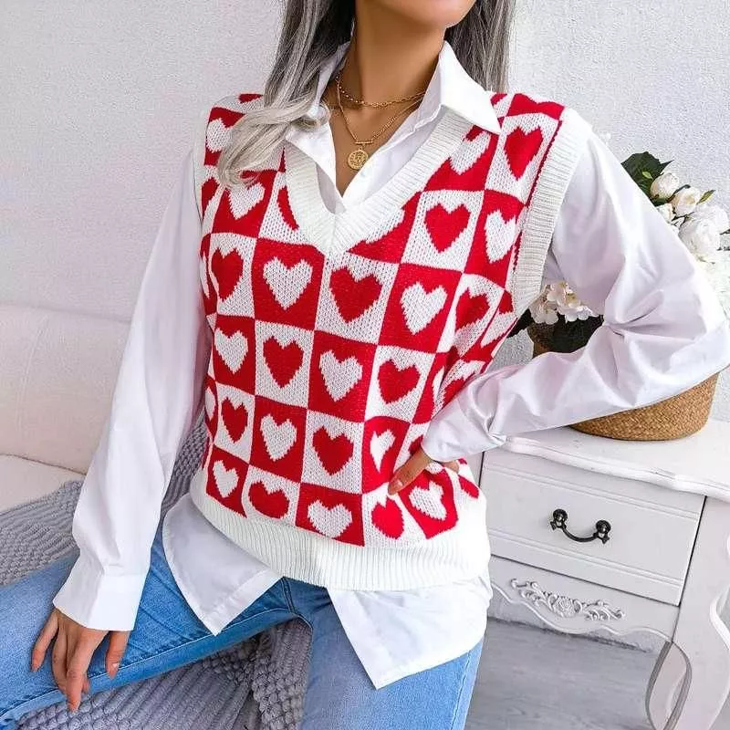 Yojoceli Autumn women heart wave knitted vest Winter sexy v neck fashion sweater vest Cool sweet sleeveless jumper pullover