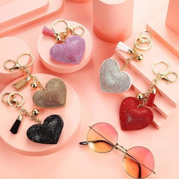 Colorful Heart Rhinestone Keychain with Tassel for Women