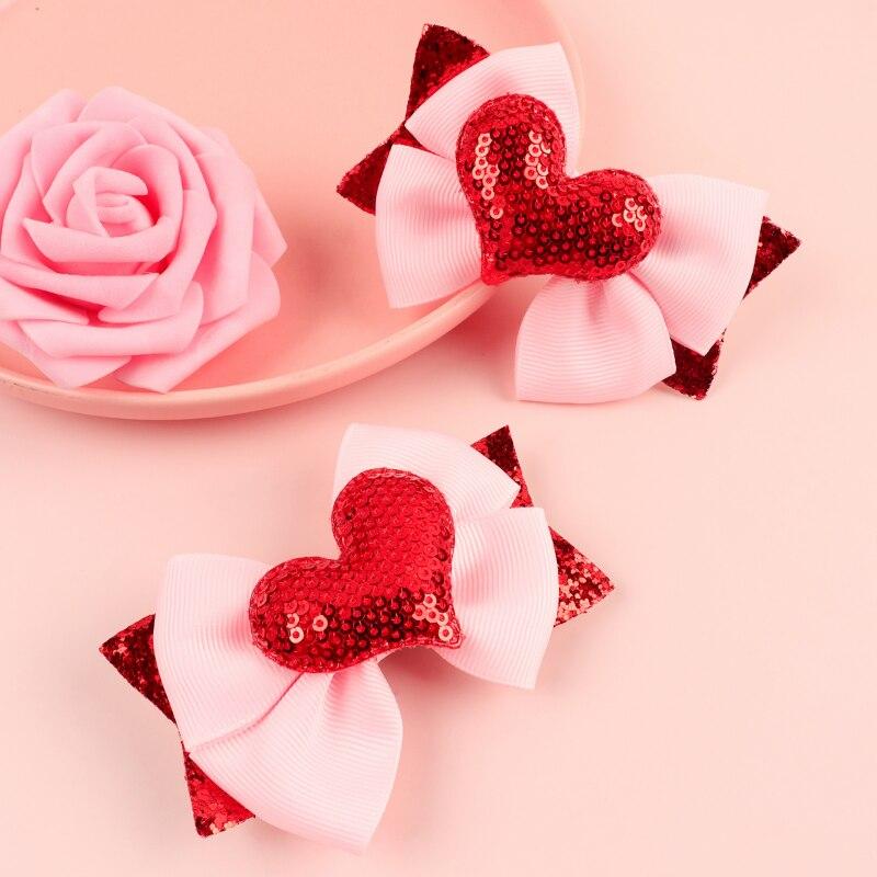 2Pcs Fashion Heart Love Bows Hair Clips Glitter PU Leather Bowknot Hairpins Women Girl Valentines Day Barrettes Hair Accessories