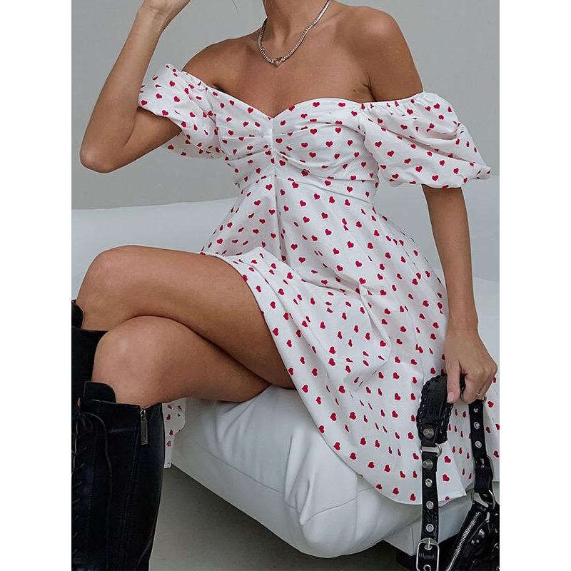 Sexy Short Dresses Women Summer Puff Sleeve Dress Female Vintage Heart Print Dress Ladies Elegant Casual Slash Neck Vestidos