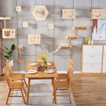 Modern Wall-Mounted Wooden Cat Tree with Scratcher Bridge and Pet Toy Castle