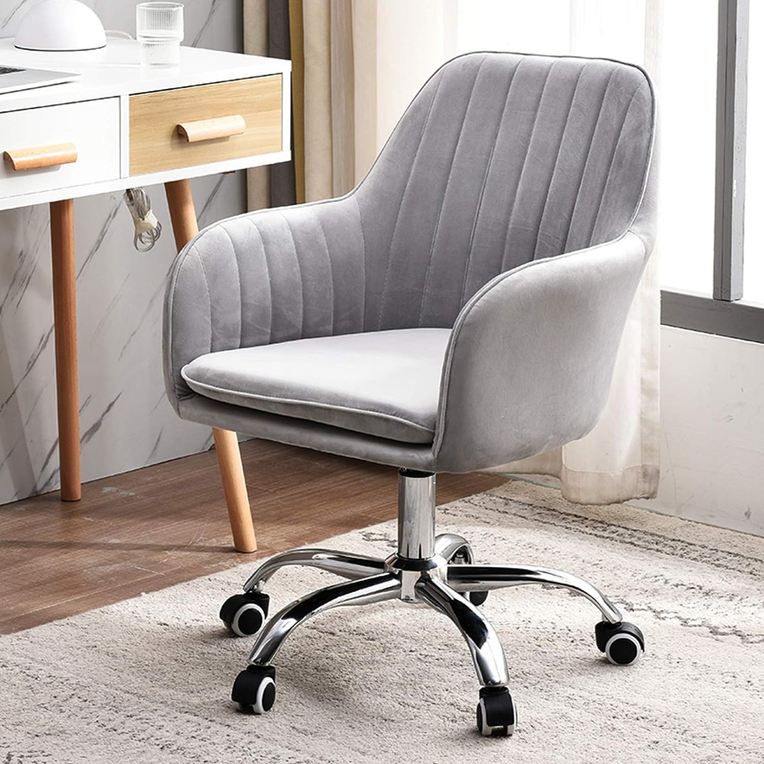 Light Gray Velvet Executive Swivel Office Chair With Rollers And 