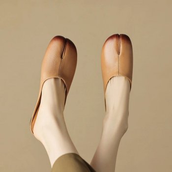 Split Toe Leather Mules - Women's Casual Chunky Heel Loafers