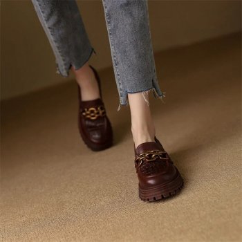 Women's Sheepskin Thick Heel, Round Toe, Genuine Leather Loafers