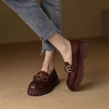 Women's Sheepskin Thick Heel, Round Toe, Genuine Leather Loafers