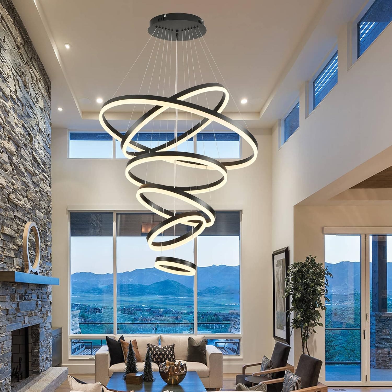 Dimmable Nordic LED Chandelier - Modern 6-Ring Pendant Light for Home & Commercial Spaces Lighting