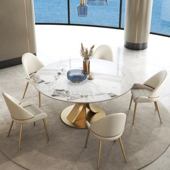 Luxury Marble Round Dining Table with Gold Stainless Steel Frame and Turntable