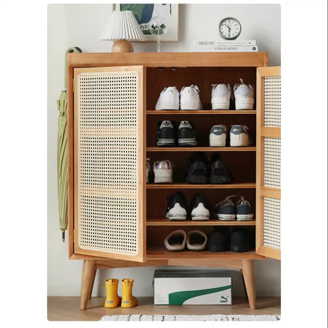Large Capacity White Oak & Rattan Woven Shoe Cabinet - Image 9