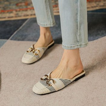 Chic Beige Woven Fabric Mules with Metal Accents