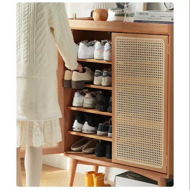Large Capacity White Oak & Rattan Woven Shoe Cabinet - Image 3