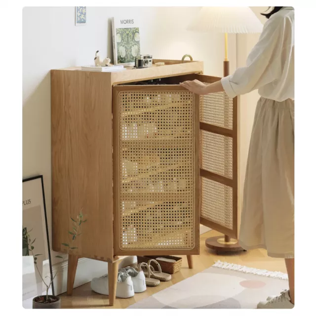 Large Capacity White Oak & Rattan Woven Shoe Cabinet - Image 10