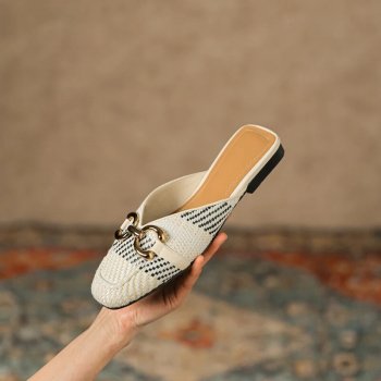 Chic Beige Woven Fabric Mules with Metal Accents