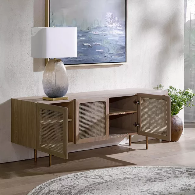 Scandinavian Modern Rattan TV Cabinet - Solid Wood, Multifunctional Living Room Furniture - Image 3