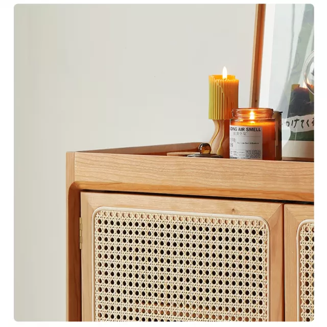 Large Capacity White Oak & Rattan Woven Shoe Cabinet - Image 11