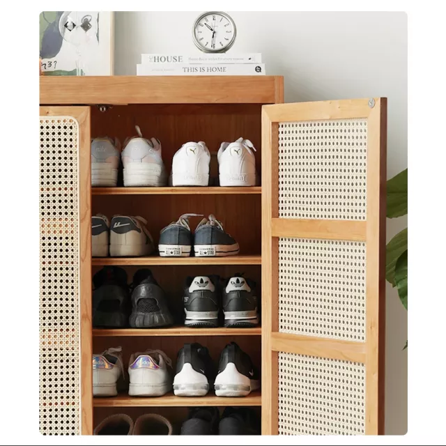 Large Capacity White Oak & Rattan Woven Shoe Cabinet - Image 4