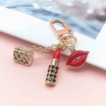 Sexy Red Lips Crystal Lipstick Keychain with Pearl Pendant