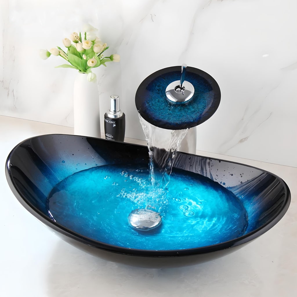 Tempered Glass Waterfall Faucet Oval Basin with Drain Pipe Bathroom