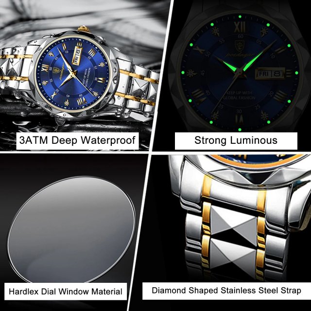 Luxury Stainless Steel Quartz Men's Watch with Luminous Date Week Display - Image 4