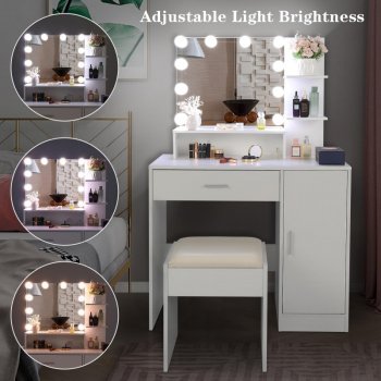 Modern White Vanity Makeup Table Set with Lighted Mirror and Storage