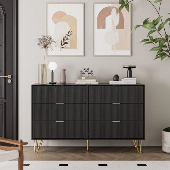 Modern 6-Drawer Dresser with Metal Legs and Gold Pulls