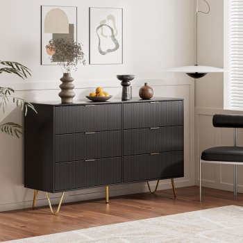 Modern 6-Drawer Dresser with Metal Legs and Gold Pulls