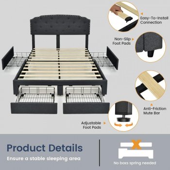 Full-Size Bed with Adjustable Headboard and Built-In Storage Drawers
