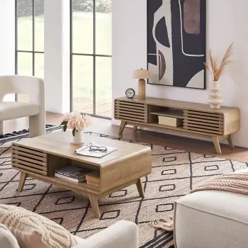 Mid Century Modern Coffee Table with Dual Storage & Rounded Edge Design