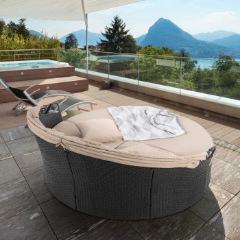 Outdoor Round Daybed with Retractable Canopy and Black Wicker Sectional