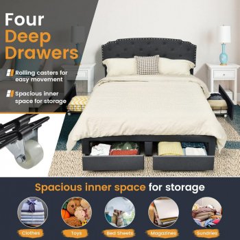 Full-Size Bed with Adjustable Headboard and Built-In Storage Drawers