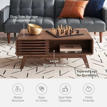 Mid Century Modern Coffee Table with Dual Storage & Rounded Edge Design