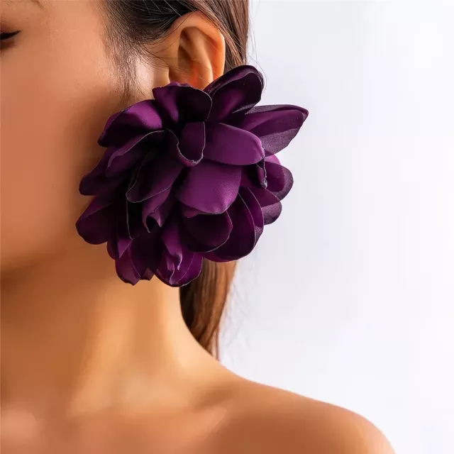 Exaggerated Fluffy Fabric Flower Stud Earrings - Image 5