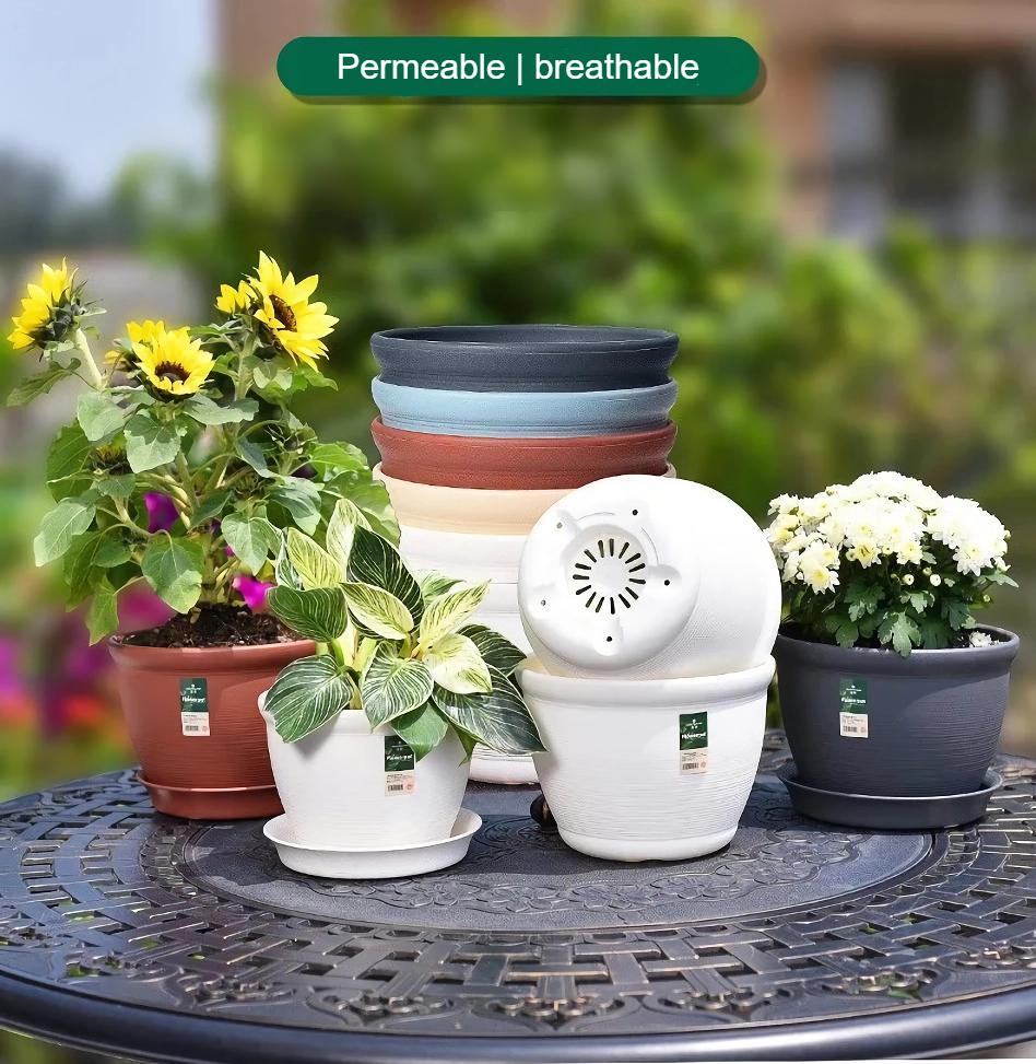 Round Ceramic Style Indoor Plant Pot with Tray Home & Garden Home Decor