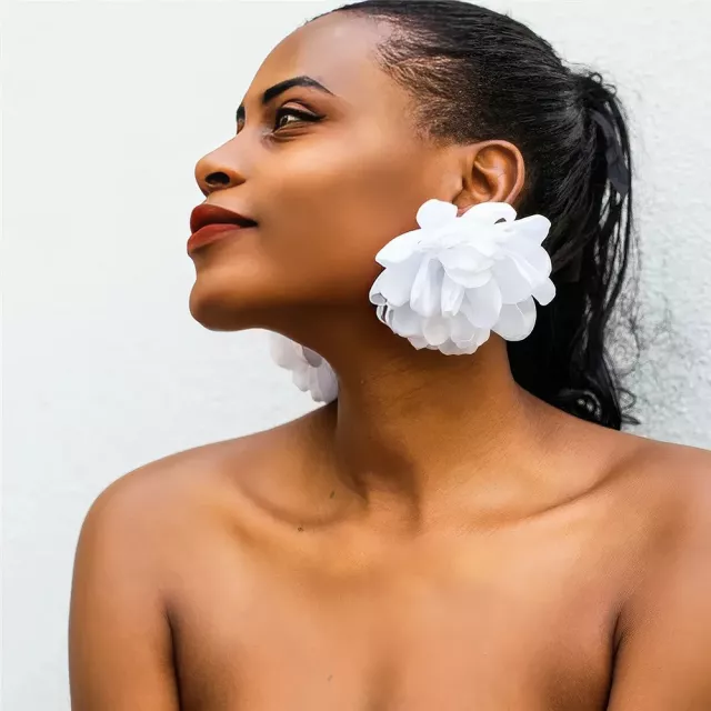 Exaggerated Fluffy Fabric Flower Stud Earrings - Image 6