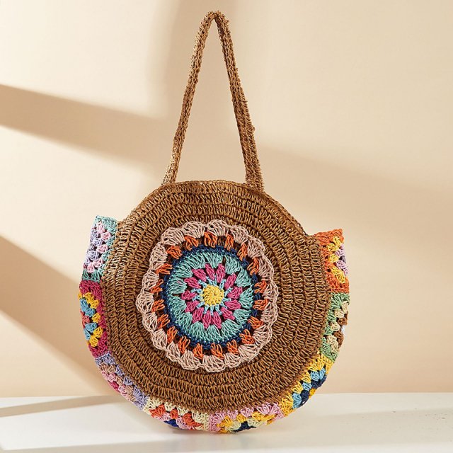 Bohemian Round Straw Woven Shoulder Bag - Image 3