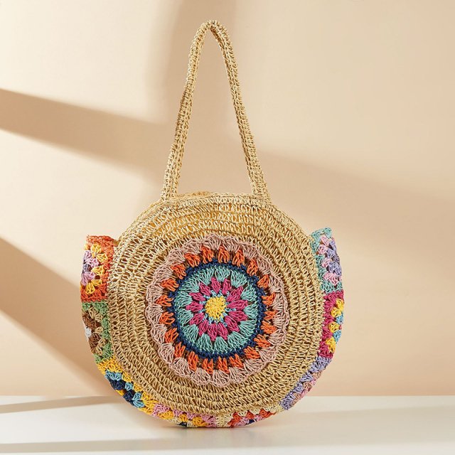 Bohemian Round Straw Woven Shoulder Bag - Image 4