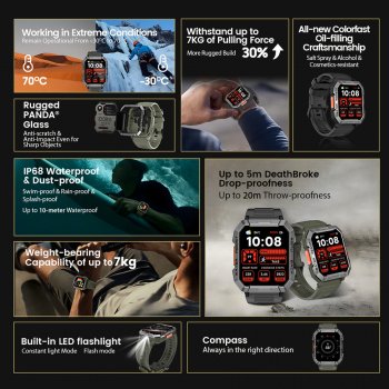 Rugged HD Smartwatch with Emergency Light & Bluetooth Calling