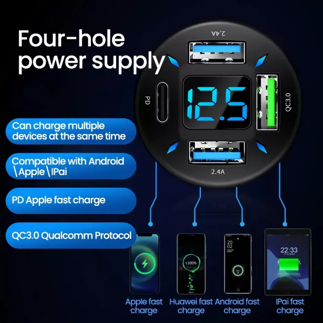 66W 4-Port USB Car Charger | Fast Charging PD Quick Charge 3.0 - Image 3