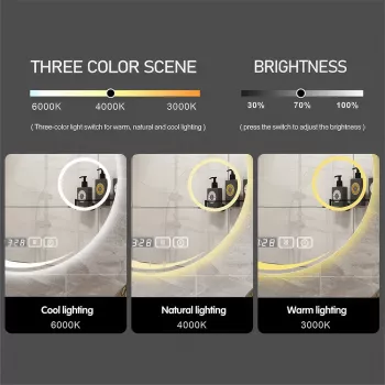 LED-Lit Round Frameless Smart Bathroom Mirror - Anti-Fog, 3-Color Lighting, Wall Mounted