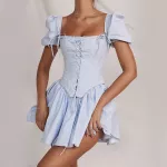 Summer Blue Puff Sleeve Corset Mini Dress